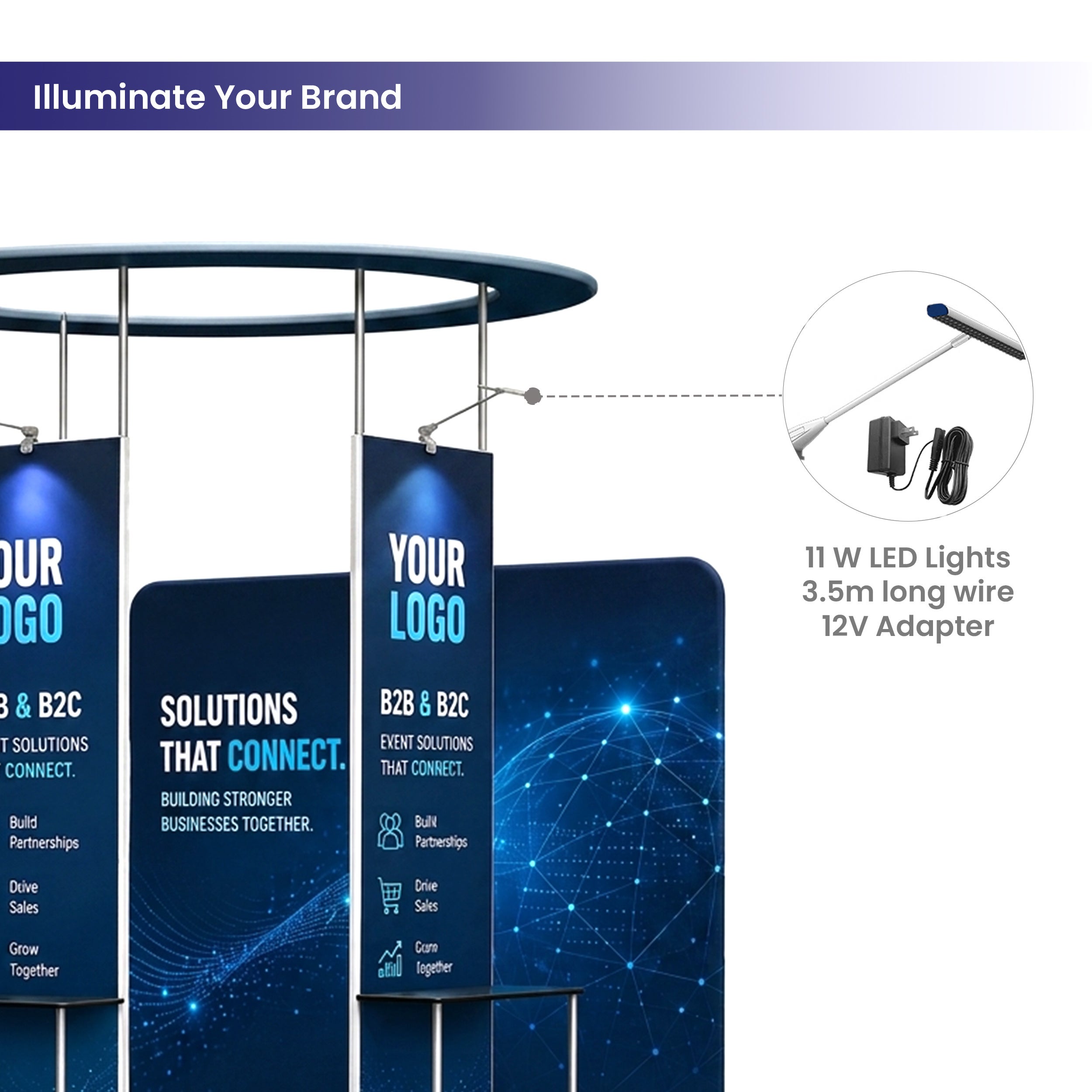 10 ft Island Trade Show Booth with Circular Header Illuminate Your Brand