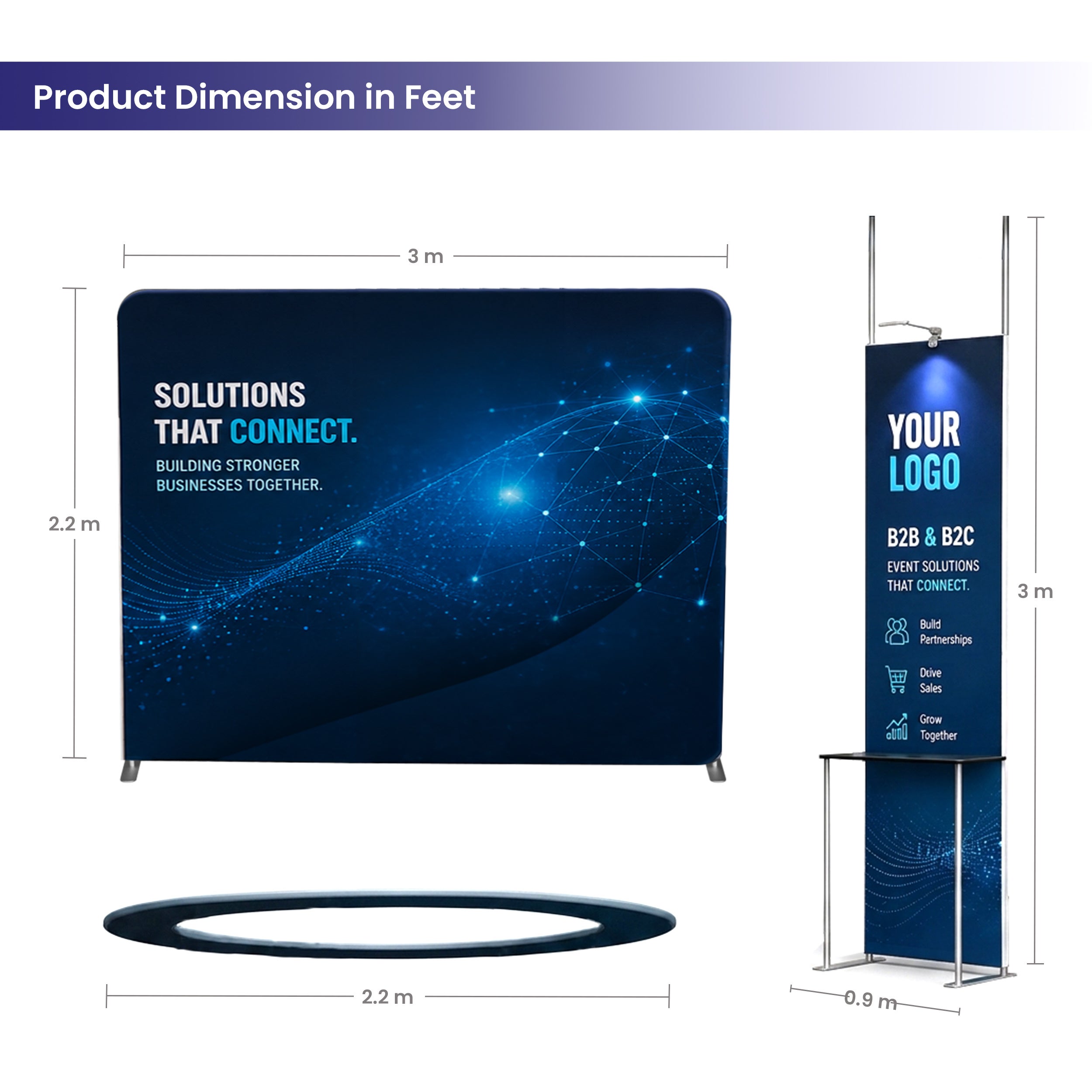 10 ft Island Trade Show Booth with Circular Header Product Dimension in Feet