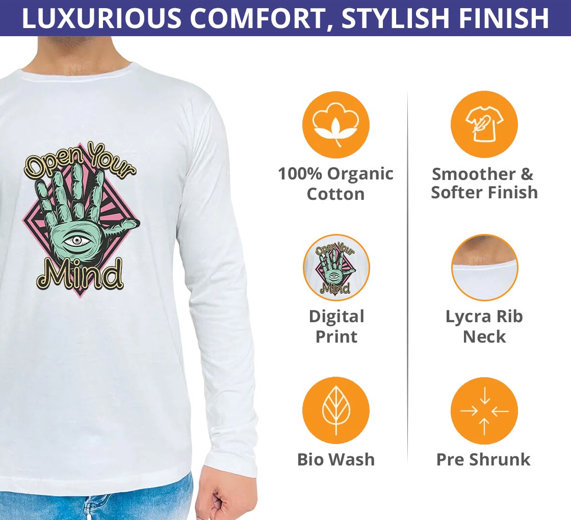 Men's Printed Long Sleeve Organic T shirt - Crew Neck 